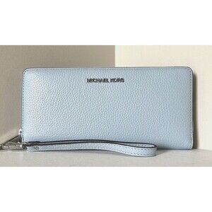 New Michael Kors Jet Set Large Travel Continental Wallet Leather Pale Ocean